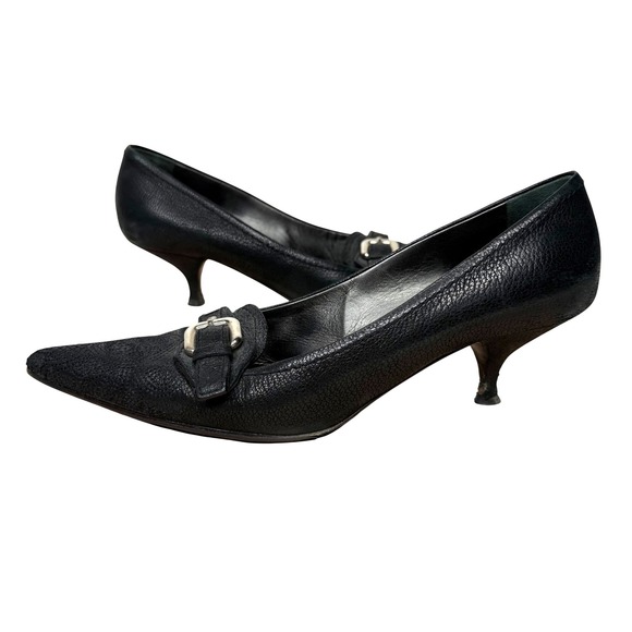 Prada Shoes - Prada Black Pebbled Leather Pointed Toe Buckle Kitten Heel Pumps 38.5 Italy